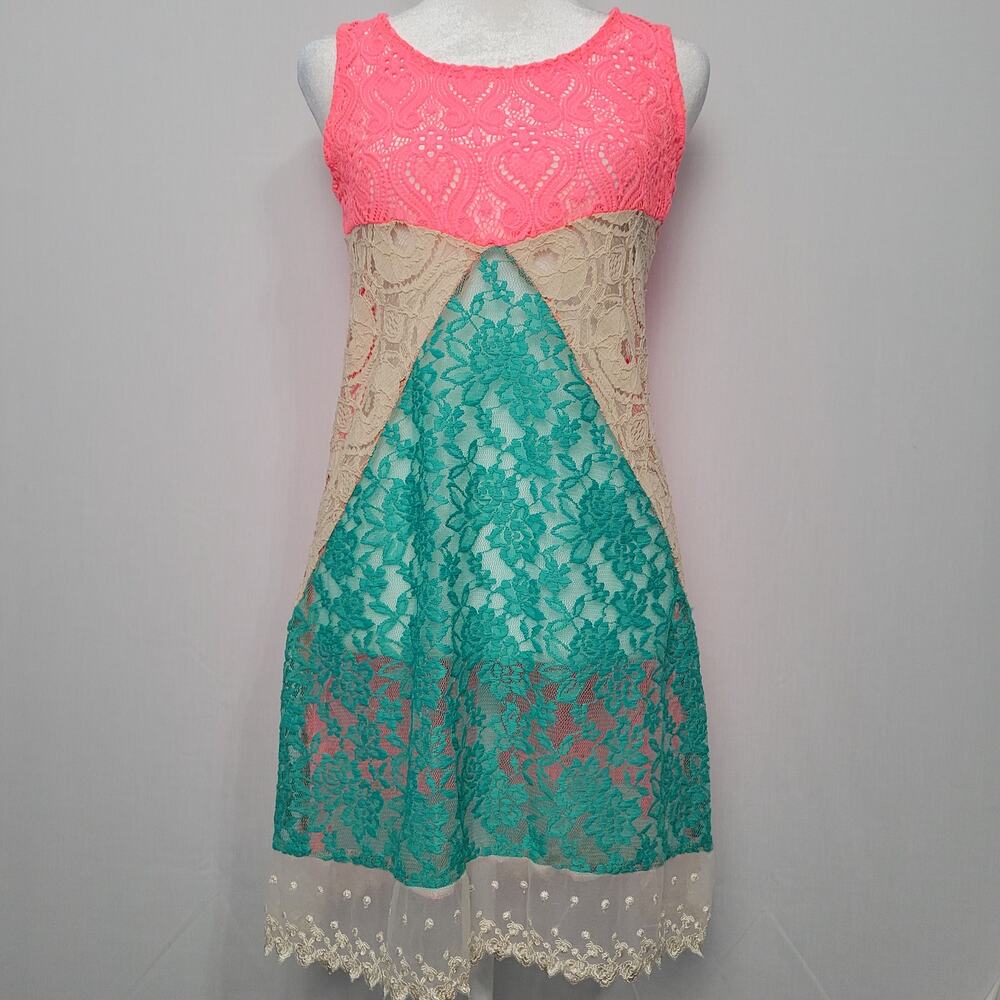 Vintage sleeveless mixed print sheer floral lace dress size S multi 90s Y2K USA
